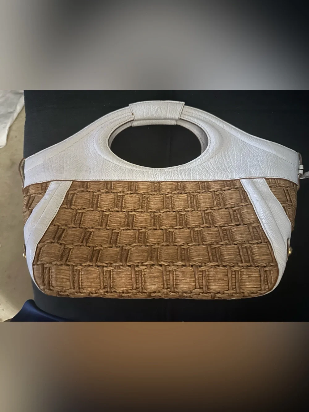 Woven Straw and White Trim Brahmin Handbag - Neutral Summer Tote